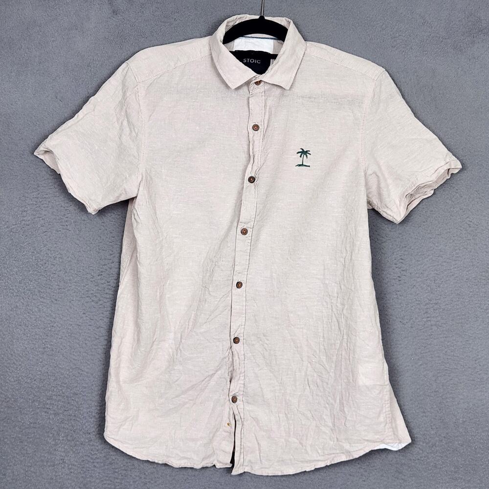 Stoic Shirt Mens Medium Beige Short Sleeve Linen Cotton Palm Tree Button Up